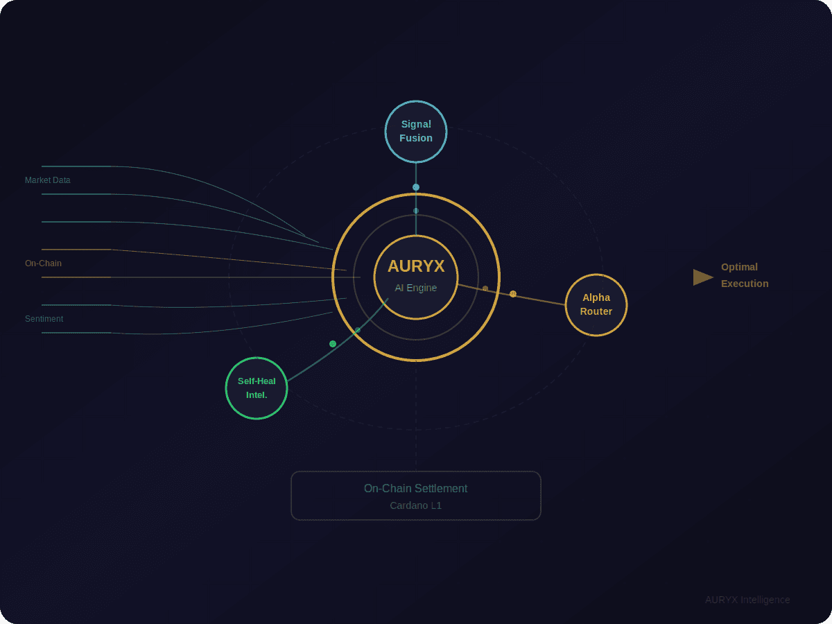 AURYX — Three-component intelligence architecture with Signal Fusion, Alpha Router, and Self-Healing Intelligence